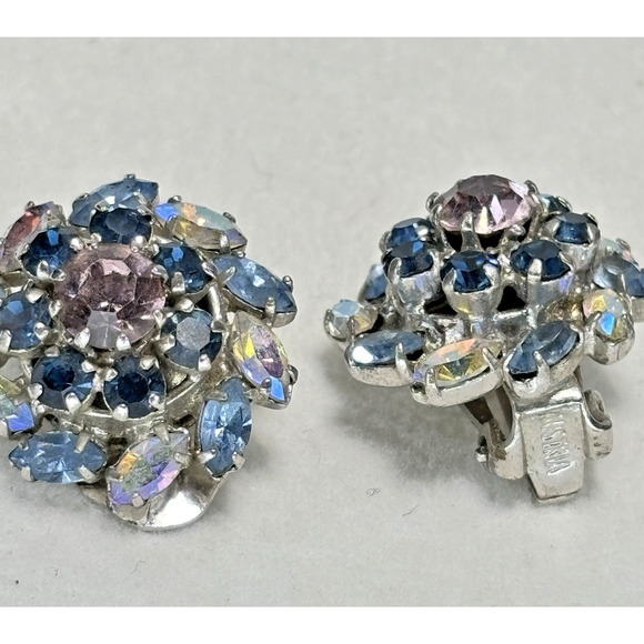 Vtg Blue Austria Crystal Aurora Borealis Prong Set Clip On Earrings Silver-tone - Picture 12 of 16
